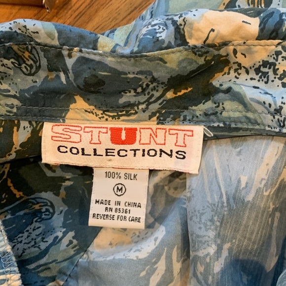 Vintage 80s Stunt Blue Patterned Boxy Silk Button-Up Shirt Blouse Women’s Medium - Picture 5 of 6